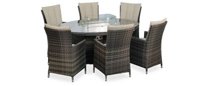 Elara Brown Rattan Oval Table with 6 Chairs Garden Set With Firepit 