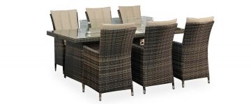 Elara Brown Rattan Rectangle Table With 6 Chairs Garden Set With Firepit 