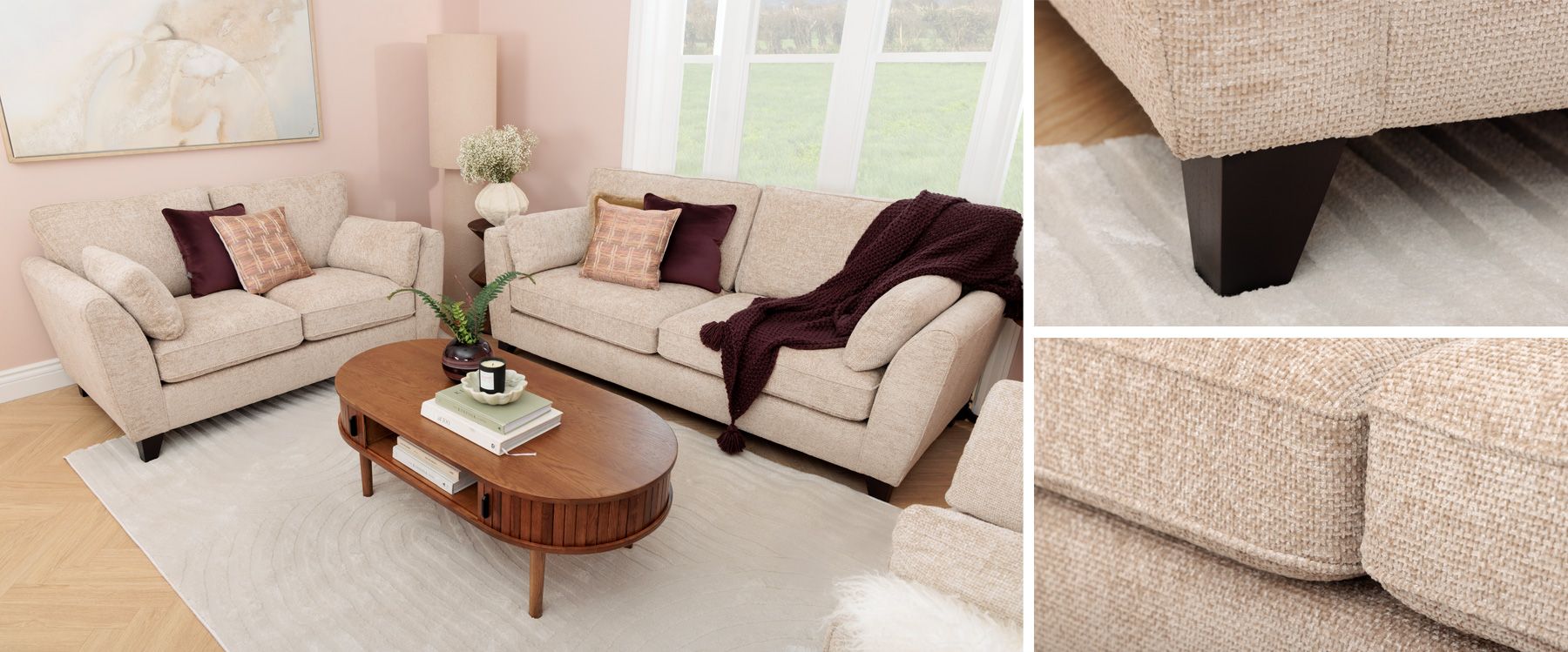 Lucie Cream Fabric 2 Seater Sofa | Fixed Back | Contemporary Neutral ...